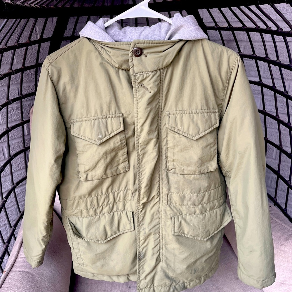 Youth GAP large winter coat, army green with sweatshirt hood.